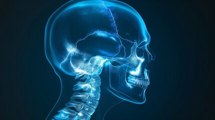 Skull X-ray with a fracture highlighting a break or crack in the skull bone.
