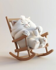 3D cute chubby fluffy cat with a contented expression sitting and chilling on the rocking chair