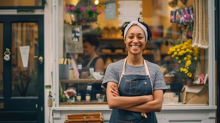 A small business owner proudly standing in front of their boutique shop, with a beautifully arranged window display and a welcoming atmosphere, emphasizing the pride and identity of local businesses