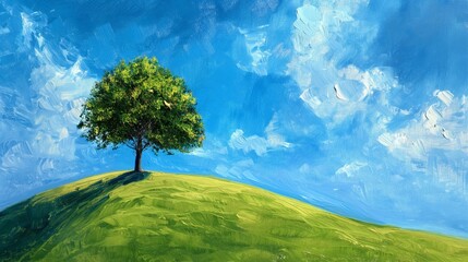 Blue sky and clouds, a tree on a green hill, landscape oil painting