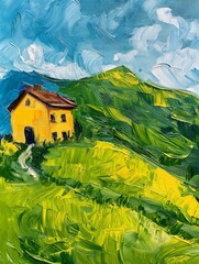 Blue sky and clouds, house on green hill, landscape oil painting