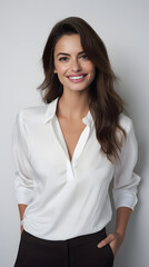 Happy young business woman posing isolated over grey wall background.