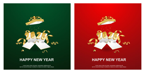 Happy new year 2025. gold number on open give box set square background