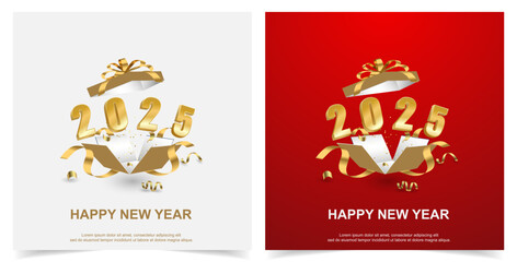 Happy new year 2025. number on open give box set square background