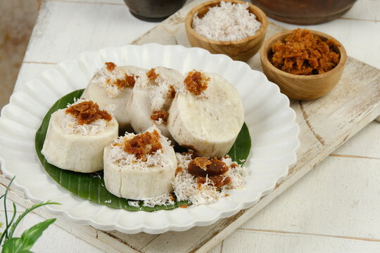 seupan talas or talas kukus is steamed taro ,traditional snack from west java,indonesia.	