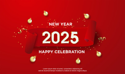 Happy new year 2025. happy new year 2025 with christmas decoration on red background