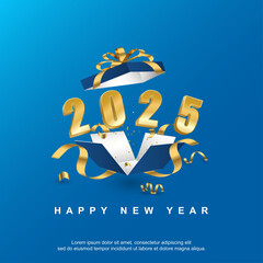 Happy new year 2025. number on open give box on blue square background