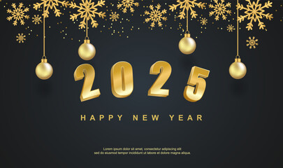 Happy new year 2025. with gold christmas decoration on black background