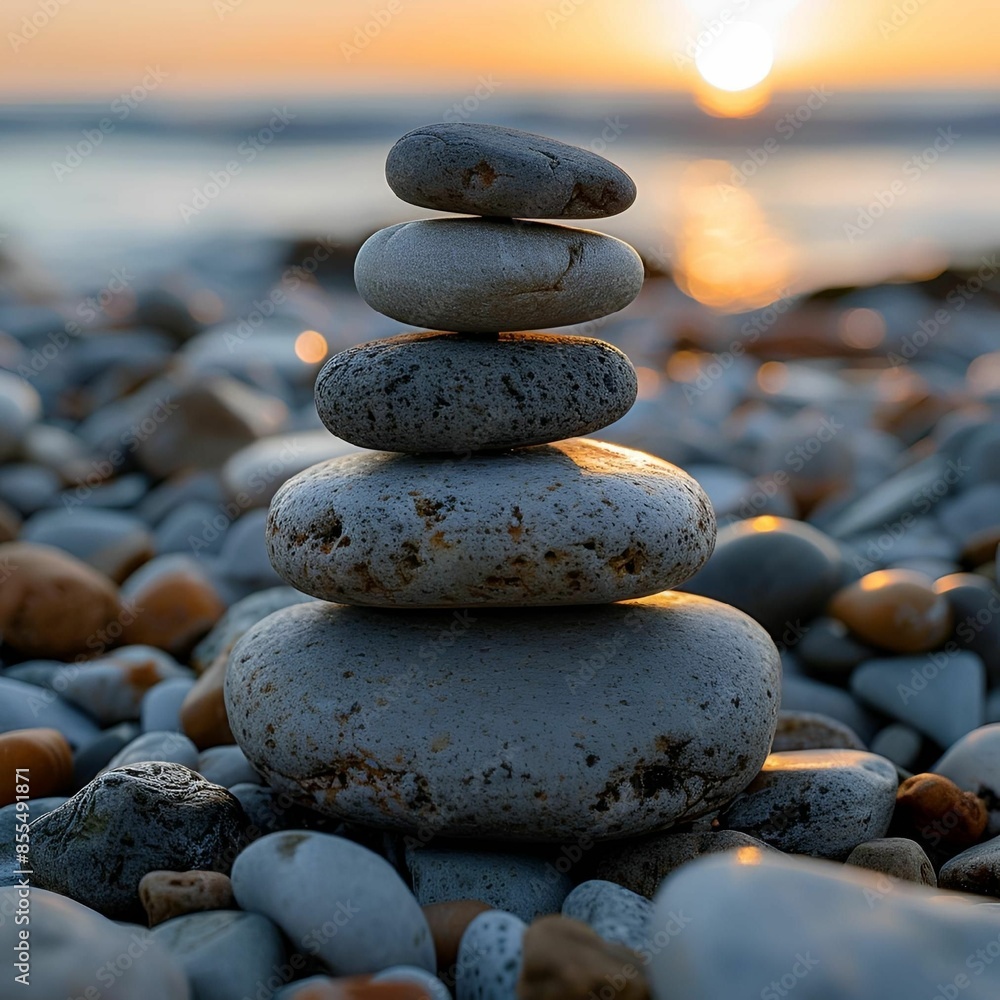 Poster ai generated illustration of stacked pebbles on a rocky beach at sunset with the sunset