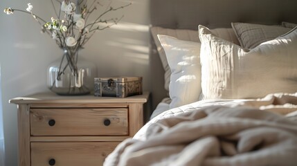 The bedside table next to the bed, a vase with a bouquet of flowers, white European style, 3D rendering of decoration