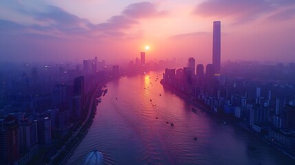Fototapeta premium A drone view of a city at dusk, with skyscrapers illuminated and the streets bustling with activity.