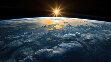Fototapeta premium Stunning view of sunrise over Earth from space, highlighting the planet's atmosphere and glowing horizon as the sun rises.