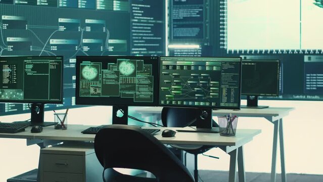 Advanced cyber surveillance room with no personnel present. Governmental agency ensuring national security through cyber security monitoring, data protection and malware detection. Camera A.