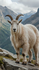 Fototapeta premium a goat standing on a rock in the mountains