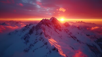 An aerial drone shot of a mountain range at sunset, with warm light casting a glow on the snow-capped peaks and deep shadows in the valleys.