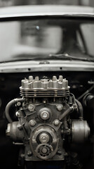 Fototapeta premium a close up of a car engine with a car in the background