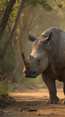 Fototapeta premium a rhino standing in the dirt near some trees