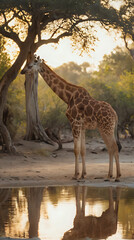 a giraffe standing next to a tree and water