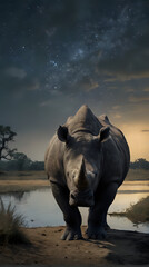 a rhino standing on the sand by the water