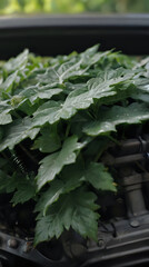a plant that is growing out of the hood of a car