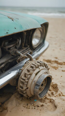 a close up of a car on the beach