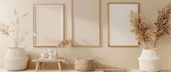 Fototapeta premium Elegant Home Decor Display: Beige Banner Featuring Frames, Baskets, and Furniture in a Minimalistic Style, With Soft Beige Background for a Clean Aesthetic