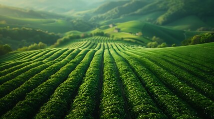 Drone capturing a high-altitude view of expansive farmland, with the orderly arrangement of crops and irrigation channels creating a striking pattern.