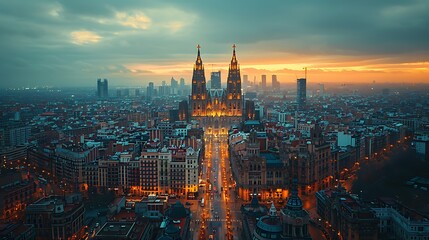 Drone capturing an aerial view of a cityscape with towering buildings, busy streets, and a mix of modern and historic architecture.