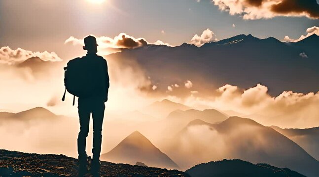 Success Business Leadership Winner on top Success Silhouette man at peak of mountains