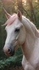 a white horse with pink hair standing in the woods