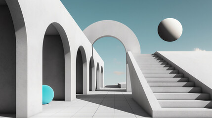 Architectural illustration of minimalist architecture, arches and spheres, black and gray scales, blue sky background, geometric shapes, illustration, digital brush