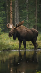 a standing in the water with large antlers on its back