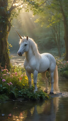 a white horse standing in the water near a tree