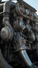 a close up of a large engine on a train