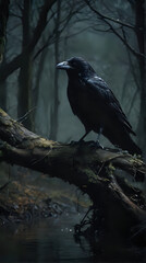a black bird sitting on a branch in the woods