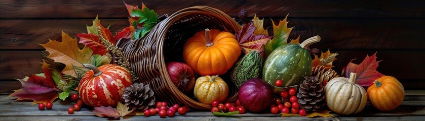 A vibrant autumn still life featuring pumpkins, gourds, leaves, and berries spilling from a cornucopia, symbolizing abundance and harvest season.