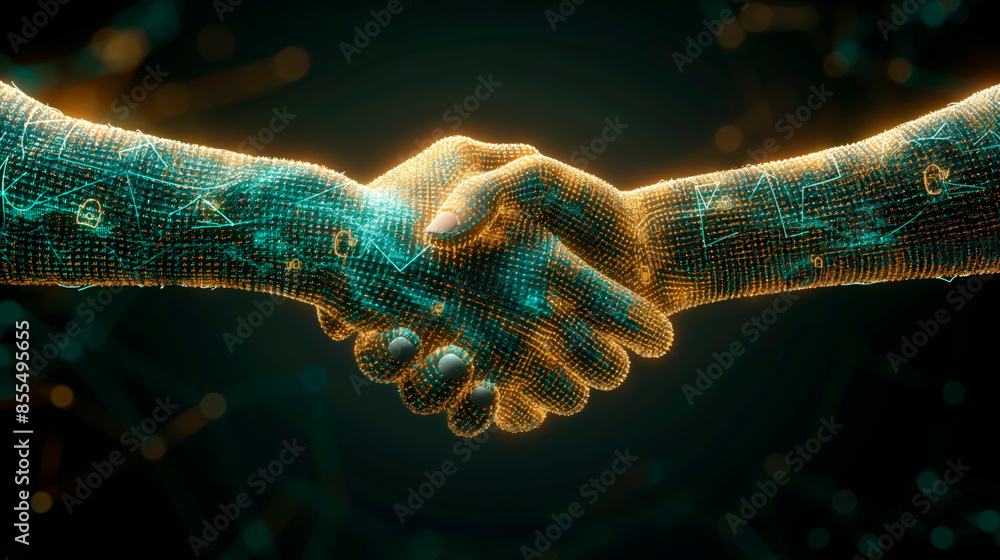 Poster two digital hands shaking, glowing with network patterns, on a dark background. concept of blockchai