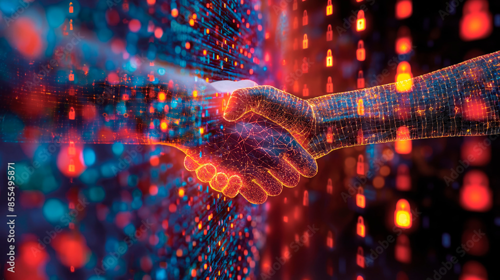 Poster two hands shaking, digital network style, abstract background. represents concept of blockchain, cyb