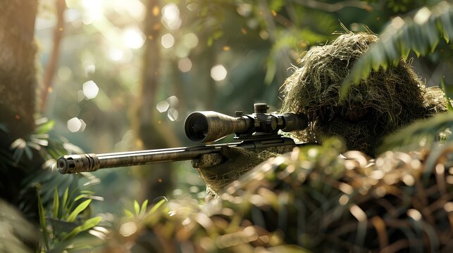 A sniper in a ghillie suit, blending seamlessly with the surrounding environment, peering through the scope of a sniper rifle in a forest setting.