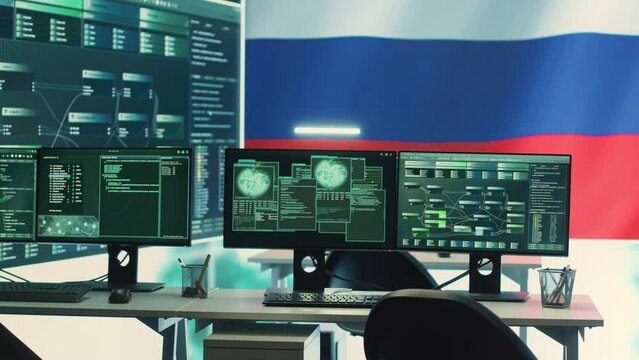 Governmental cyber operations room with Russian flag on big screen, focusing on information war and trolling. Highlighting the role of hackers in spreading disinformation and crowd control. Camera A.