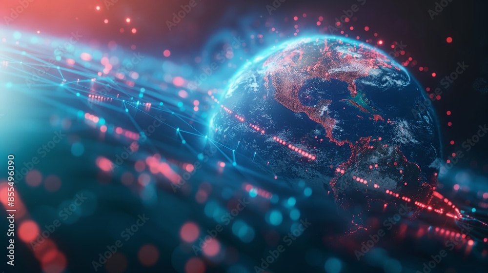 Poster digital visualization of the earth with network connections on dark background. concept of global ne