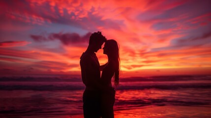 A couple is standing on the beach at sunset with a red sky. AI.