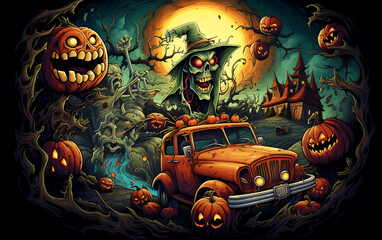 Obraz premium Zombie family in the car. Halloween background. Vector illustration.