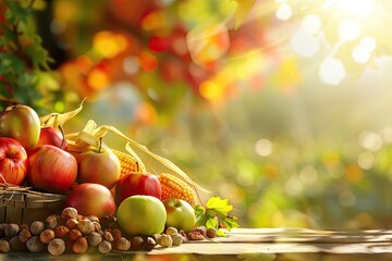 A vibrant still life of fresh autumn fruits, nuts, and leaves on a sunlit wooden table, capturing the beauty of fall harvest.