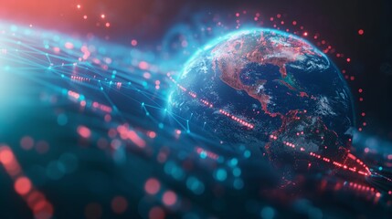 Digital visualization of the Earth with network connections on dark background. Concept of global networking and cybersecurity.  Generative AI
