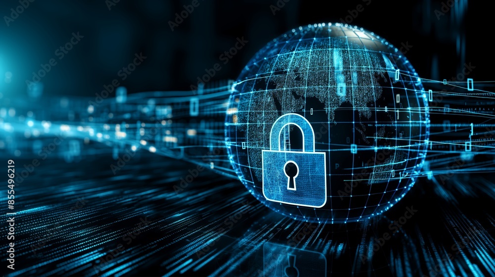 Poster digital lock over a globe in cyberspace, dark background, concept of cybersecurity and global data p