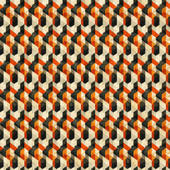 Repeating geometric pattern with vibrant orange, black, and beige cubes in an isometric design.