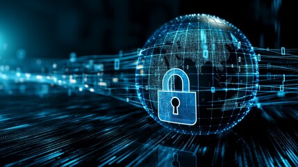 Digital lock over a globe in cyberspace, dark background, concept of cybersecurity and global data protection.  Generative AI