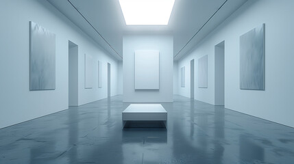 A modern art gallery with blank framed canvases on white walls and reflecting floor. Contemporary...