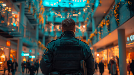 Fototapeta premium Security guard seen from behind standing in a bustling shopping mall. Mockup uniform. Festive lights and decorations in the background. Generative AI